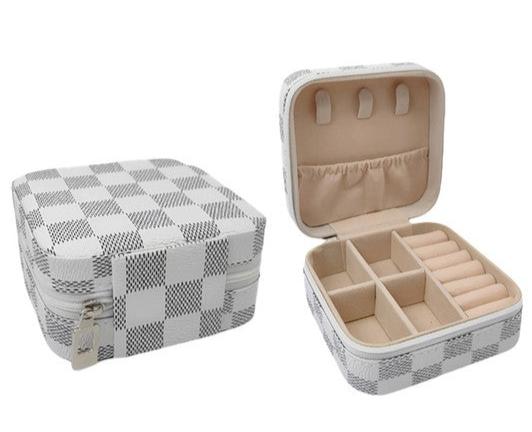 checkered travel jewelry case - white