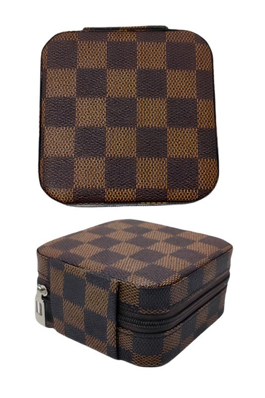 checkered travel jewelry case - brown