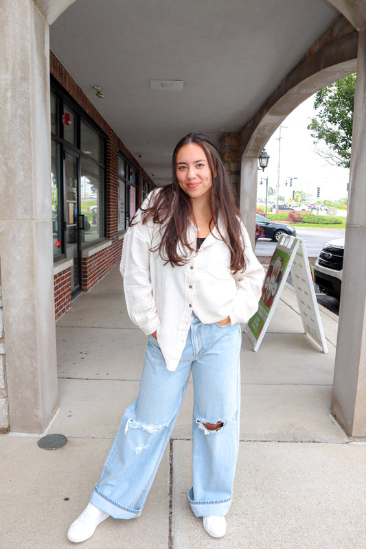 Lets Lounge Button Up - Beige