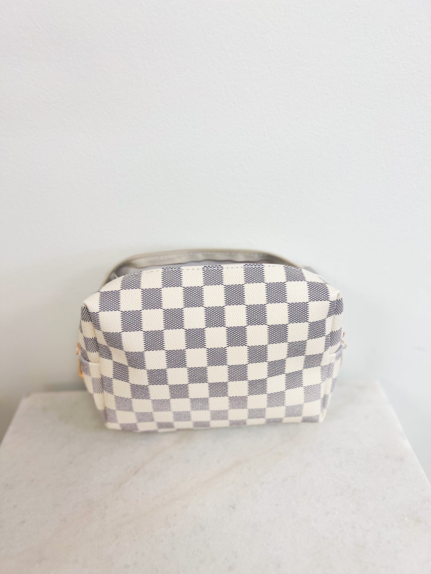 checkered cosmetic bag