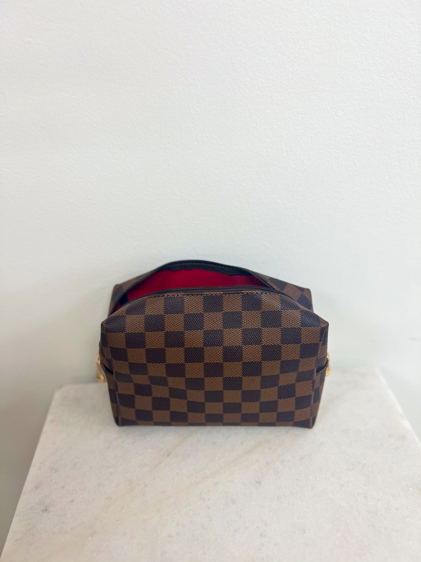 checkered cosmetic bag