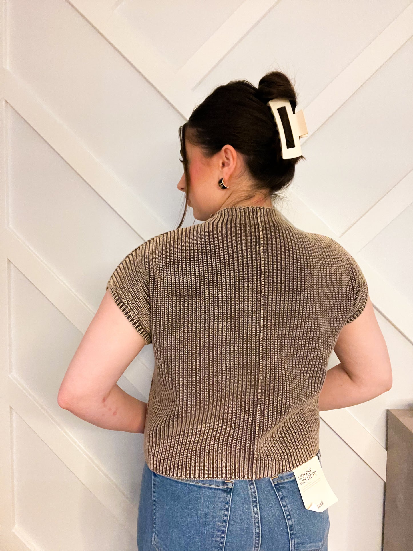 mock neck top- washed brown